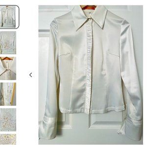 White satin shirt thick flowy fabric with embro embroidered cut-out design